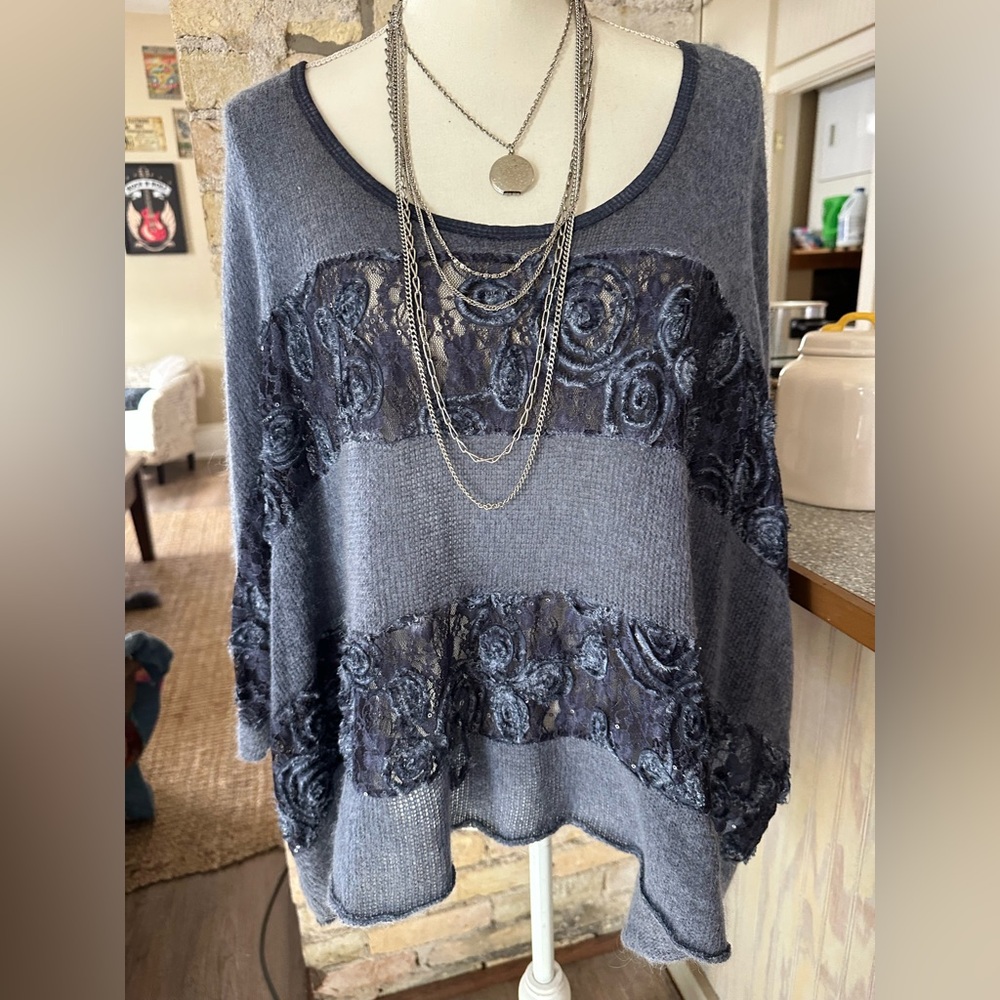 Tempo Paris Charcoal Lace Detail Blouse